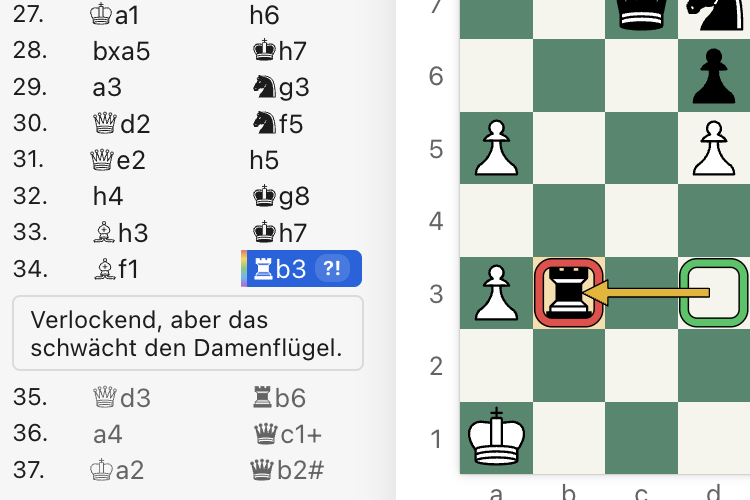 Eine kommentierte Partie: ein mit ?! markierter Zug in der Zugliste mit dem Kommentar „Verlockend, aber das lockert den Damenflügel.“ sowie farbige Feldmarkierungen und ein Pfeil auf dem Brett.
