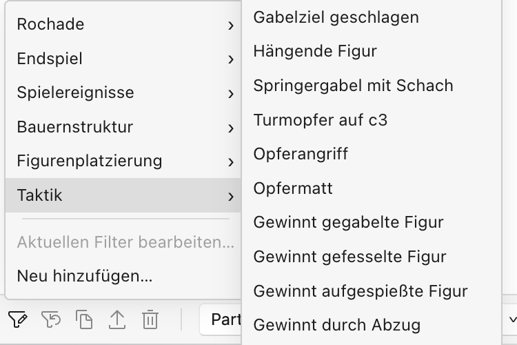 Das Filtermenü, geöffnet bei „Taktik“, mit Motivfiltern wie „Gewinnt gefesselte Figur“, „Gewinnt aufgespießte Figur“, „Springergabel mit Schach“ und „Abzugsschach“, daneben Kategorien für Bauernstruktur, Figurenplatzierung, Endspiel und Rochade.