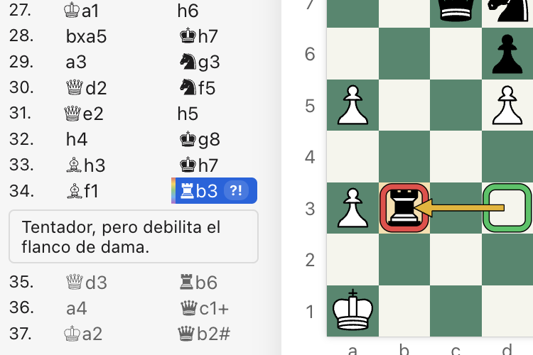 Una partida comentada: una jugada marcada con ?! en la lista de jugadas con el comentario «Tentador, pero esto debilita el flanco de dama.», y casillas resaltadas en color y una flecha en el tablero.