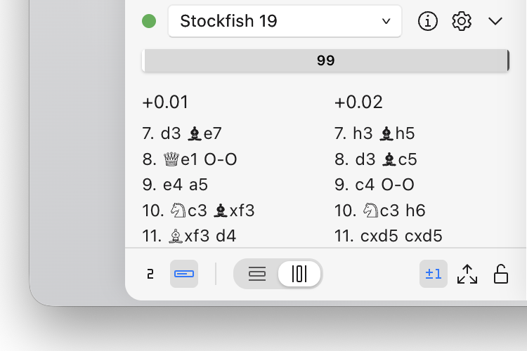 ChessRoller's engine panel: an engine picker set to Stockfish 19, above two candidate lines with their evaluations.