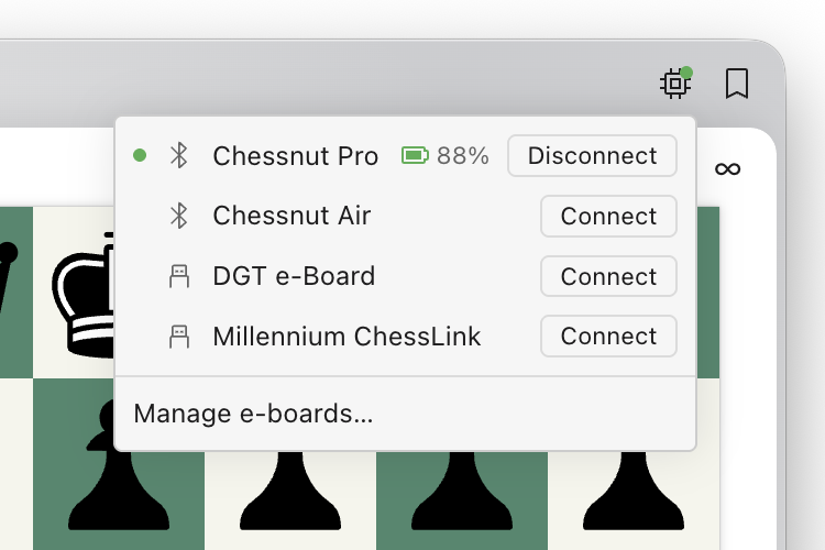 The e-board menu in ChessRoller, with a Chessnut Pro connected and other boards ready to connect.