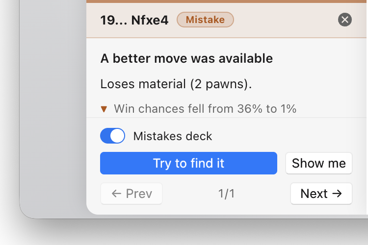 A game review flagging 19... Nfxe4 as an inaccuracy that loses two pawns of material and drops win chances by 35%, with a Mistakes deck toggle and a button to try to find the better move.
