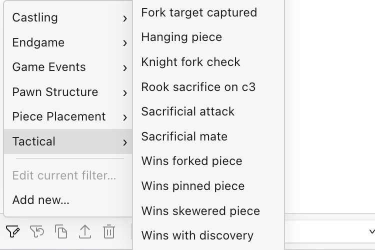The filter menu open on Tactical, listing motif filters such as wins pinned piece, wins skewered piece, knight fork check and discovered check, beside categories for pawn structure, piece placement, endgames and castling.