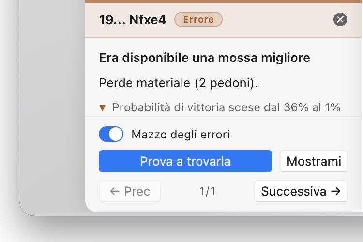 Una revisione della partita che segnala 19... Nfxe4 come imprecisione che perde due pedoni di materiale e riduce le probabilità di vittoria del 35%, con un interruttore per il «Mazzo degli errori» e un pulsante per provare a trovare la mossa migliore.