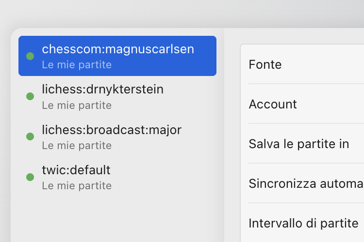 Impostazioni di sincronizzazione con quattro fonti (un account Chess.com, un account Lichess, le trasmissioni di Lichess e The Week in Chess), accanto alle opzioni per fonte, account, dove salvare le partite, «Sincronizza automaticamente» e intervallo delle partite.