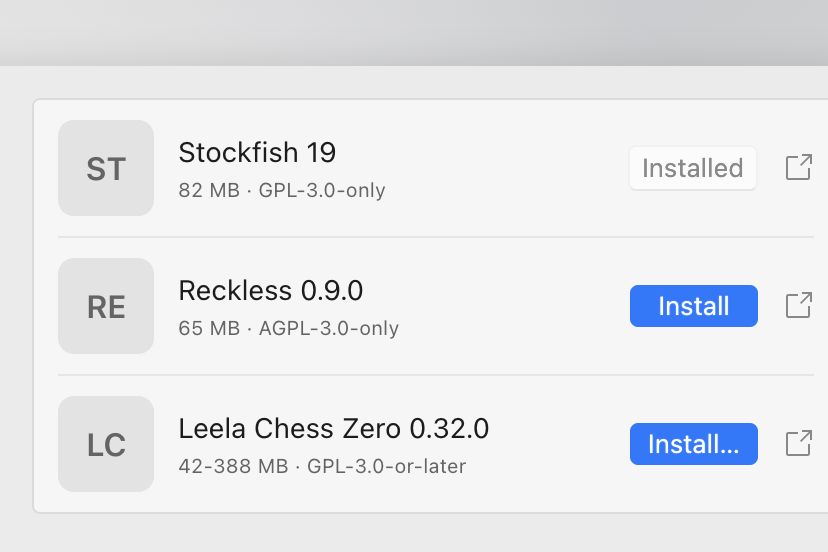 The Install engines list in ChessRoller's settings: Stockfish 19 installed, and Reckless and Leela Chess Zero (Lc0) ready to install, each with its download size and license.