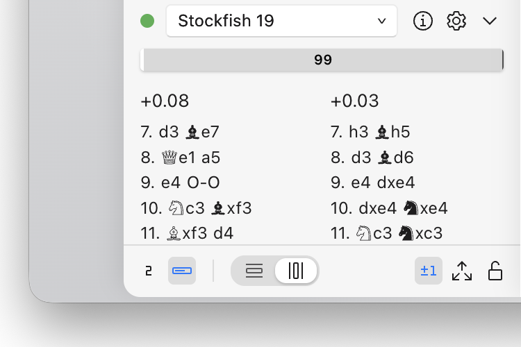 Panel silnika w ChessRoller: wybór silnika ustawiony na Stockfish 19, nad dwoma wariantami kandydującymi wraz z ich ocenami.