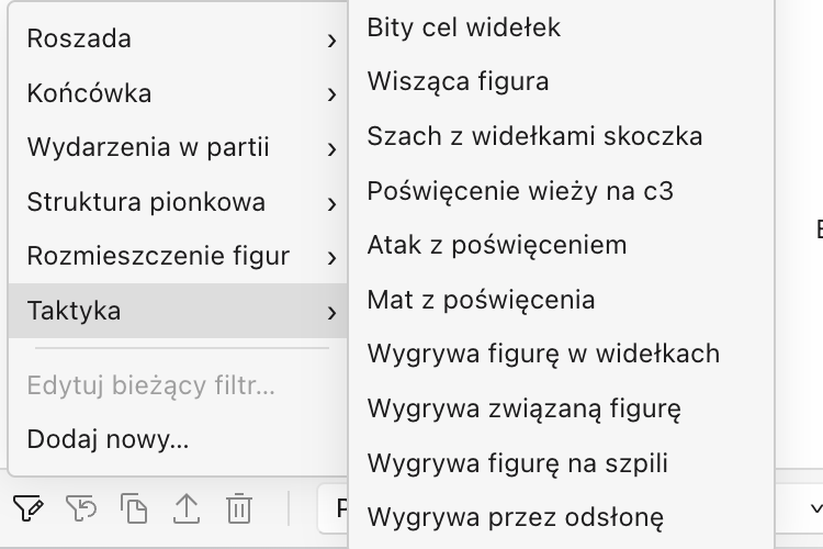 Menu filtrów otwarte na „Taktyka”, z filtrami motywów takimi jak „Wygrywa związaną figurę”, „Wygrywa figurę na szpili”, „Szach z widełkami skoczka” i „Szach odsłonięty”, obok kategorii „Struktura pionkowa”, „Rozmieszczenie figur”, „Końcówka” i „Roszada”.