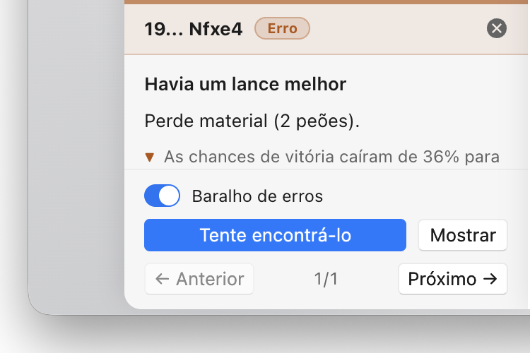 Uma revisão de partida marcando 19... Nfxe4 como imprecisão que perde dois peões de material e reduz as chances de vitória em 35%, com uma chave para o “Baralho de erros” e um botão para tentar encontrar o lance melhor.