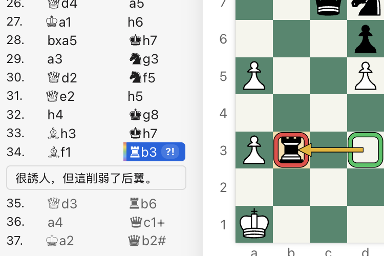 一盤加上註解的對局:著法列表中有一步標記為 ?! 的棋,附有註解「很誘人,但這會削弱后翼。」,棋盤上還有彩色方格標示和一個箭頭。